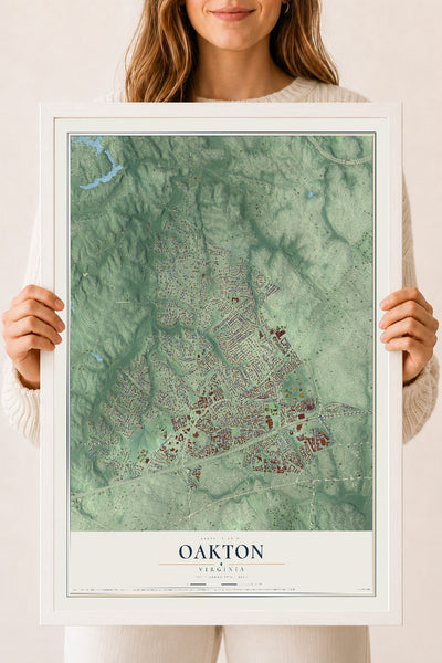 Map of Oakton, Virginia, 18 x 24 inch print in a white wood frame