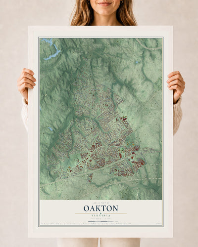 Map of Oakton, Virginia, 24 x 36 inch print in a white wood frame