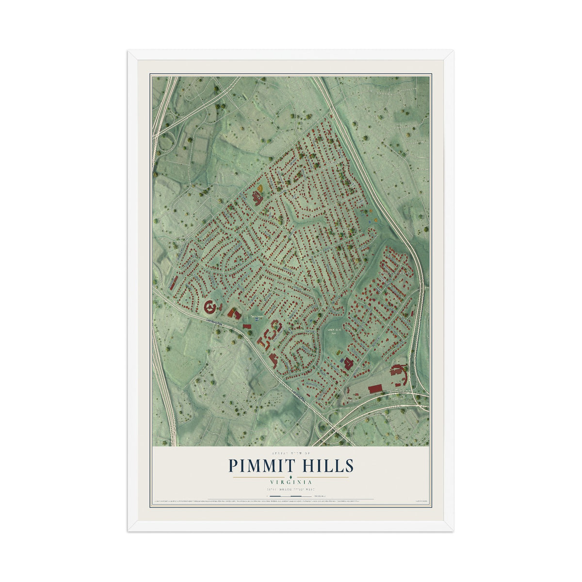 Map of Pimmit Hills, Virginia, 12 x 18 inch print in a white wood frame