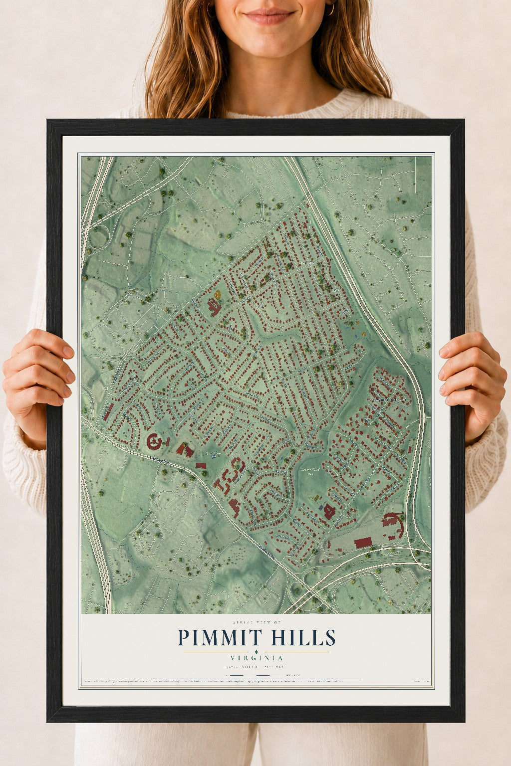 Map of Pimmit Hills, Virginia, 18 x 24 inch print in a black wood frame