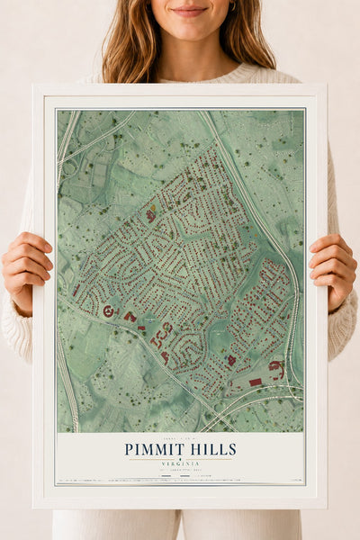 Map of Pimmit Hills, Virginia, 18 x 24 inch print in a white wood frame