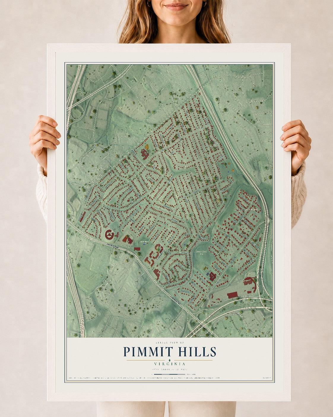 Map of Pimmit Hills, Virginia, 24 x 36 inch print in a white wood frame