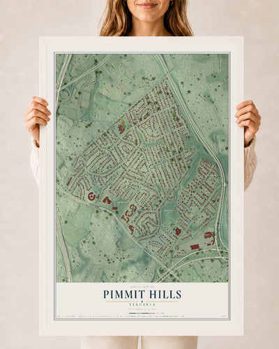 Map of Pimmit Hills, Virginia, 24 x 36 inch print in a white wood frame
