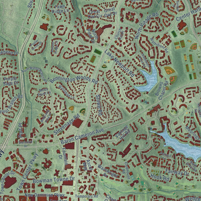 Close-up of the map of Reston, Virginia print showing street and building detail