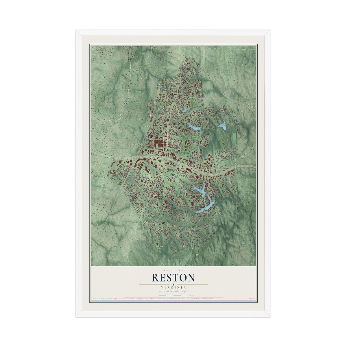Map of Reston, Virginia, 12 x 18 inch print in a white wood frame