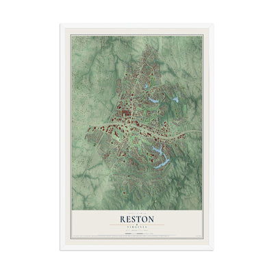 Map of Reston, Virginia, 12 x 18 inch print in a white wood frame