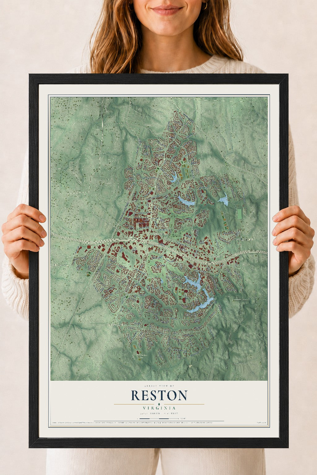 Map of Reston, Virginia, 18 x 24 inch print in a black wood frame