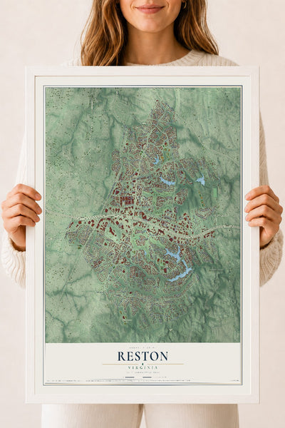 Map of Reston, Virginia, 18 x 24 inch print in a white wood frame