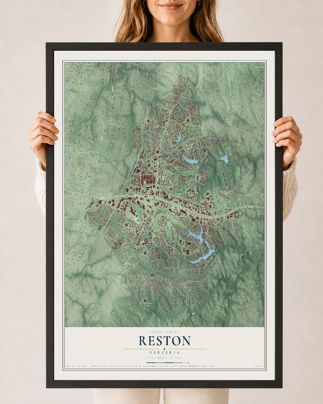 Map of Reston, Virginia, 24 x 36 inch print in a black wood frame