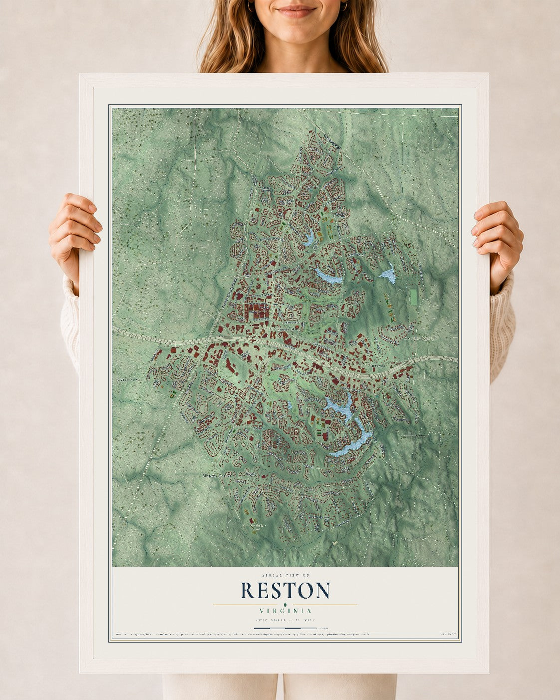 Map of Reston, Virginia, 24 x 36 inch print in a white wood frame