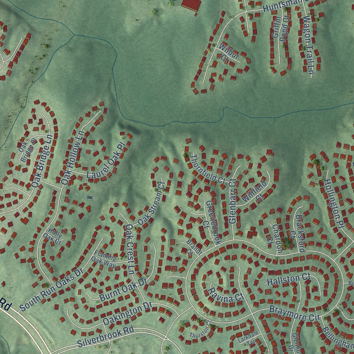 Close-up of the map of South Run, Virginia print showing street and building detail