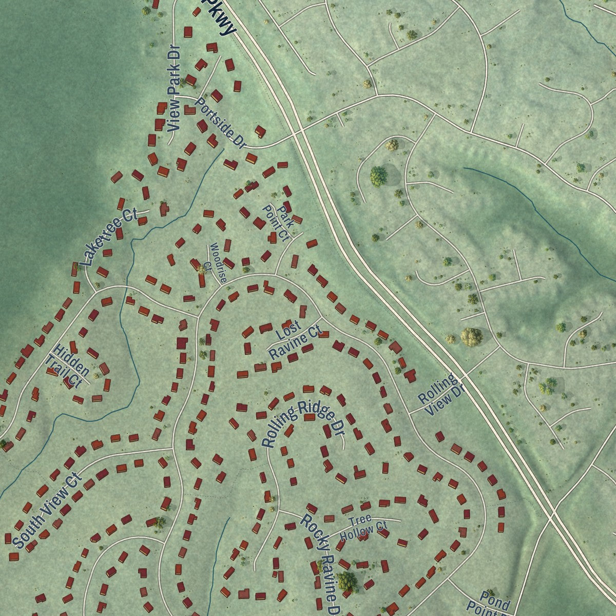 Second close-up of the map of South Run, Virginia print showing more streets and buildings