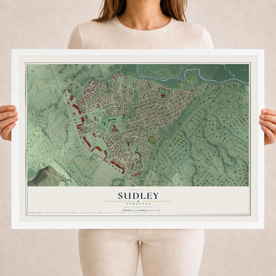 Map of Sudley, Virginia, 18 x 24 inch print in a white wood frame