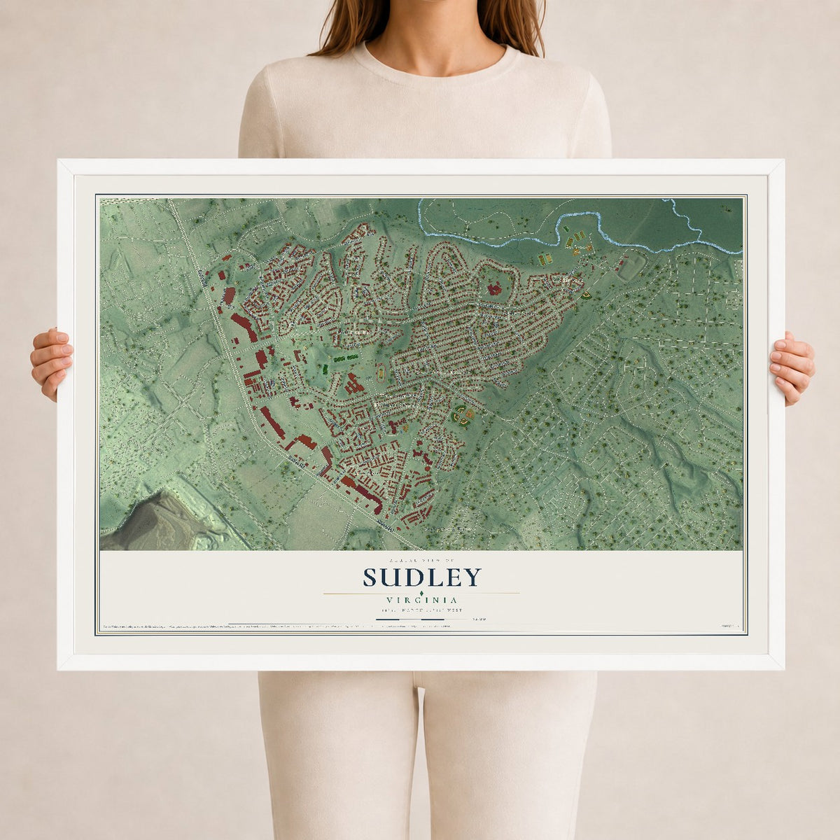Map of Sudley, Virginia, 24 x 36 inch print in a white wood frame