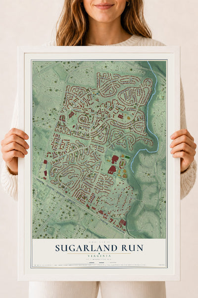 Map of Sugarland Run, Virginia, 18 x 24 inch print in a white wood frame