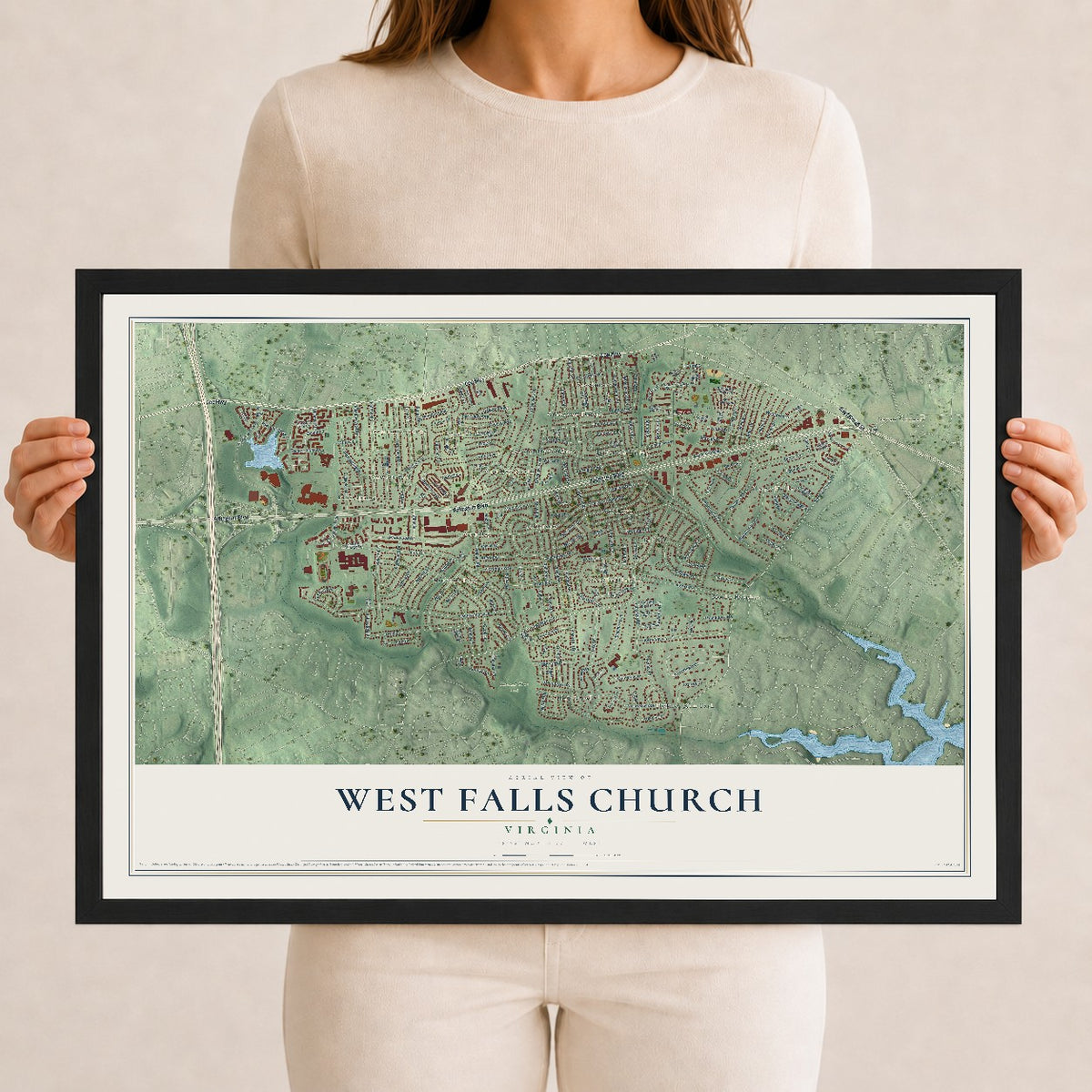 Map of West Falls Church, Virginia, 12 x 18 inch print in a black wood frame