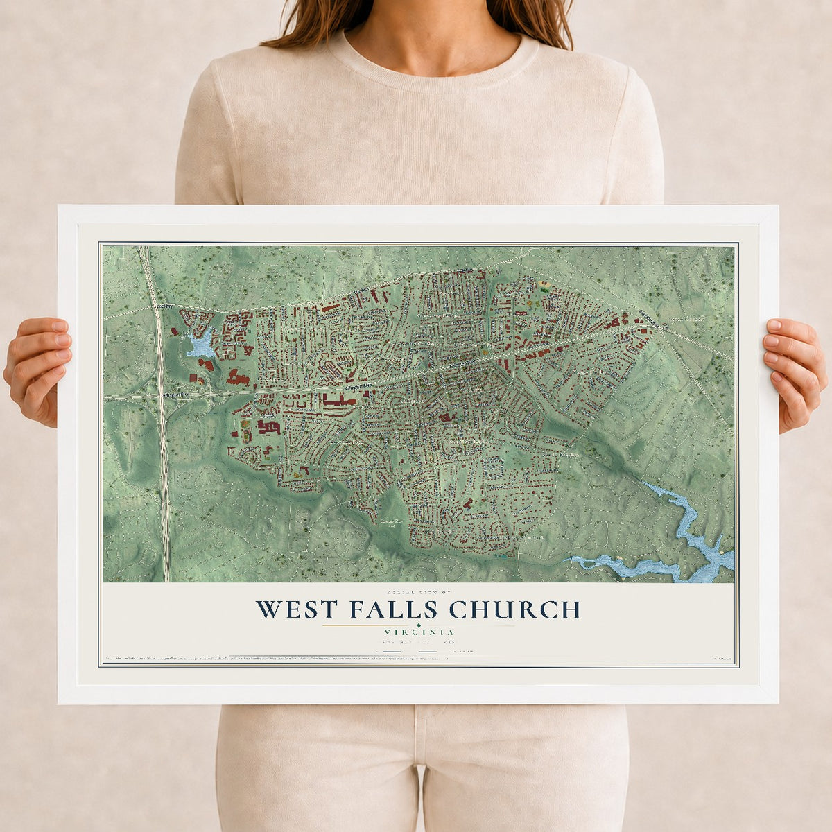 Map of West Falls Church, Virginia, 12 x 18 inch print in a white wood frame