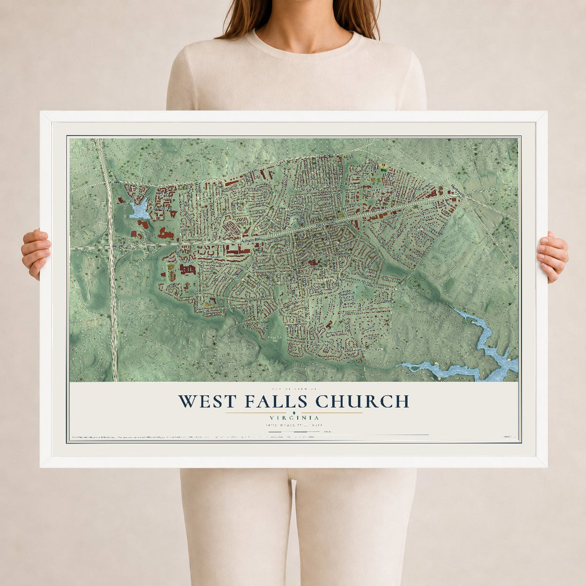 Map of West Falls Church, Virginia, 24 x 36 inch print in a white wood frame