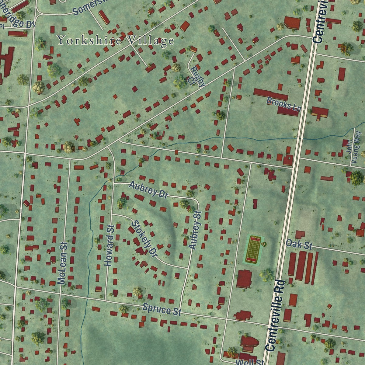 Close-up of the map of Yorkshire, Virginia print showing street and building detail