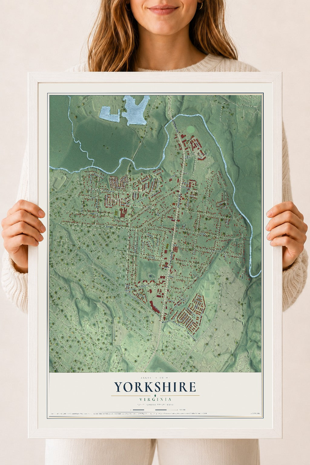 Map of Yorkshire, Virginia, 18 x 24 inch print in a white wood frame