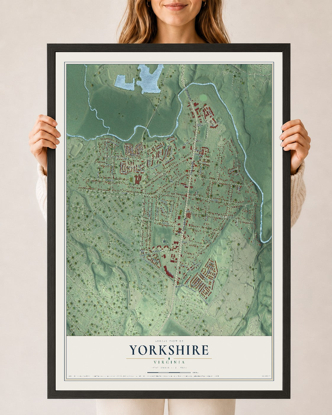 Map of Yorkshire, Virginia, 24 x 36 inch print in a black wood frame