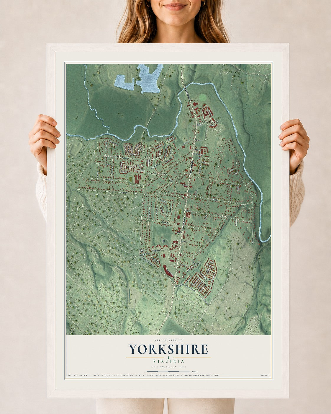 Map of Yorkshire, Virginia, 24 x 36 inch print in a white wood frame