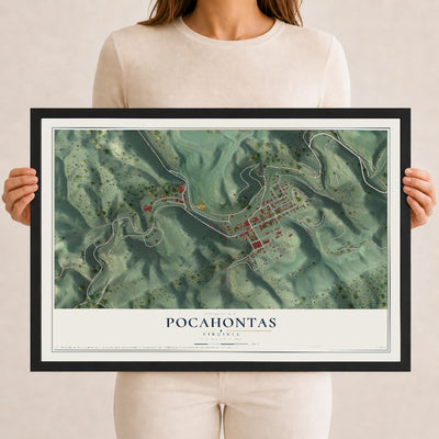 Map of Pocahontas, Virginia, 12 x 18 inch print in a black wood frame