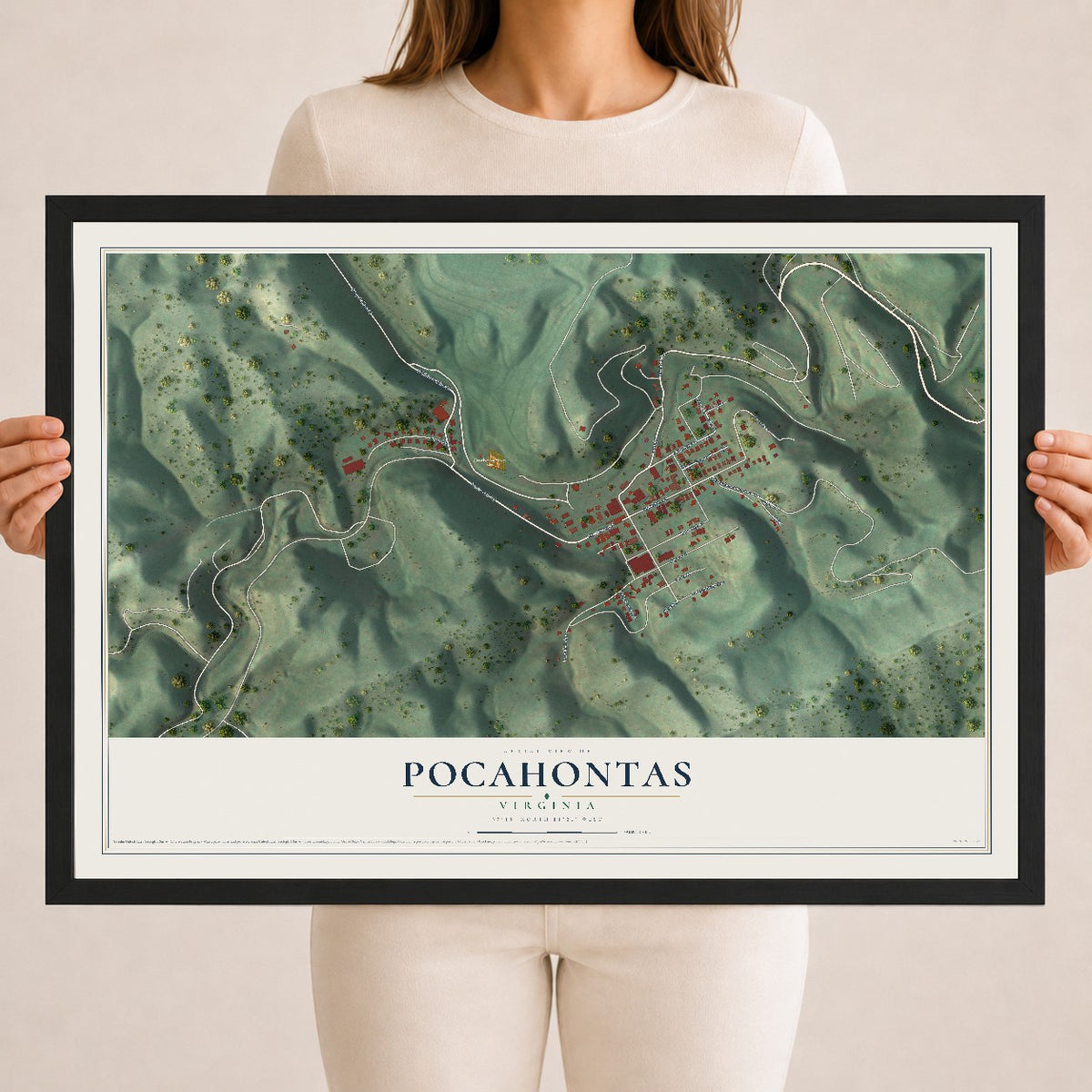 Map of Pocahontas, Virginia, 18 x 24 inch print in a black wood frame