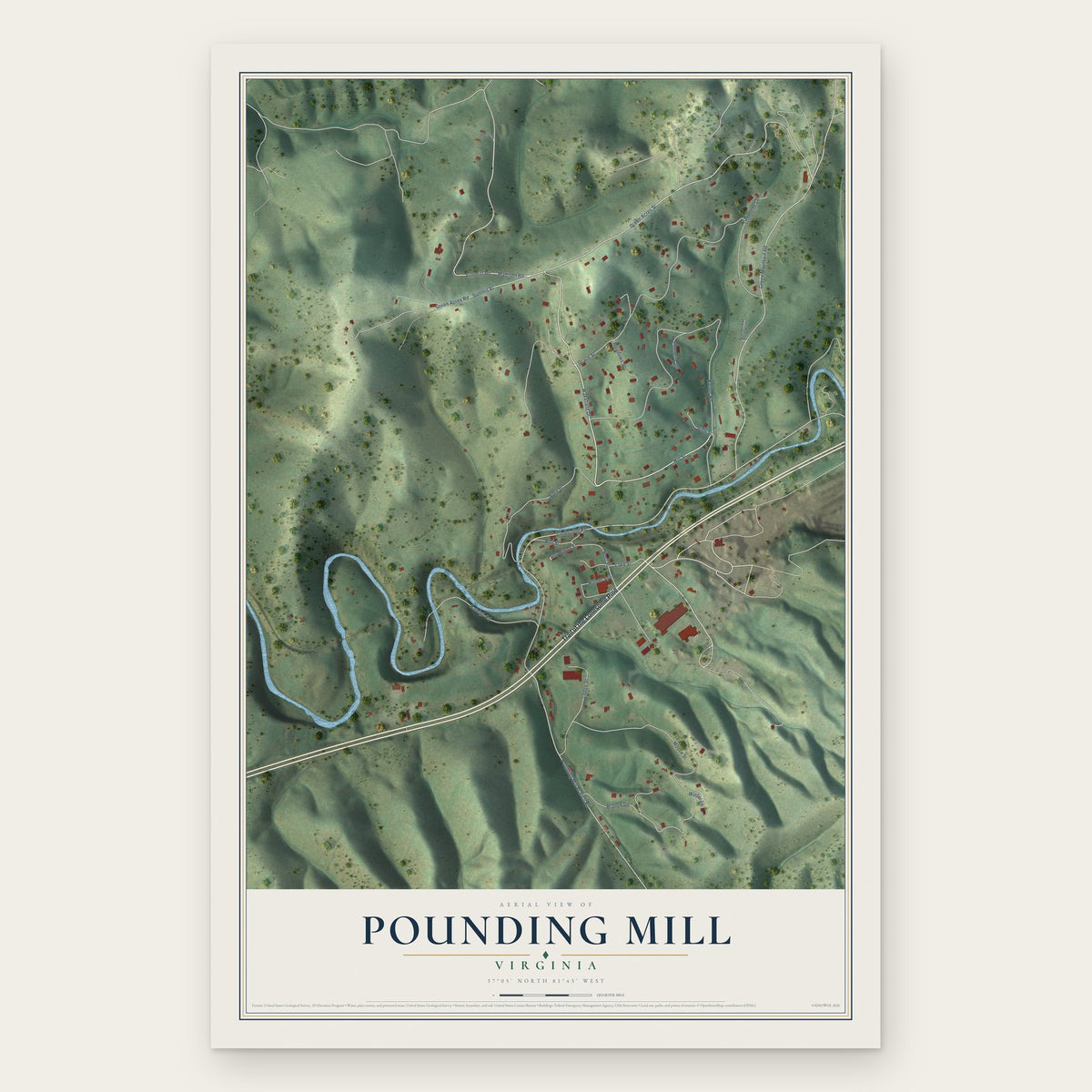 Pounding Mill, Virginia map print, the full design