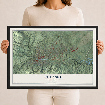 Map of Pulaski, Virginia, 12 x 18 inch print in a black wood frame