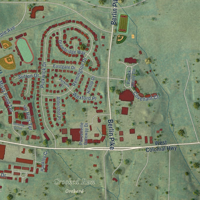 Second close-up of the map of Purcellville, Virginia print showing more streets and buildings