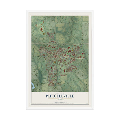 Map of Purcellville, Virginia, 12 x 18 inch print in a white wood frame