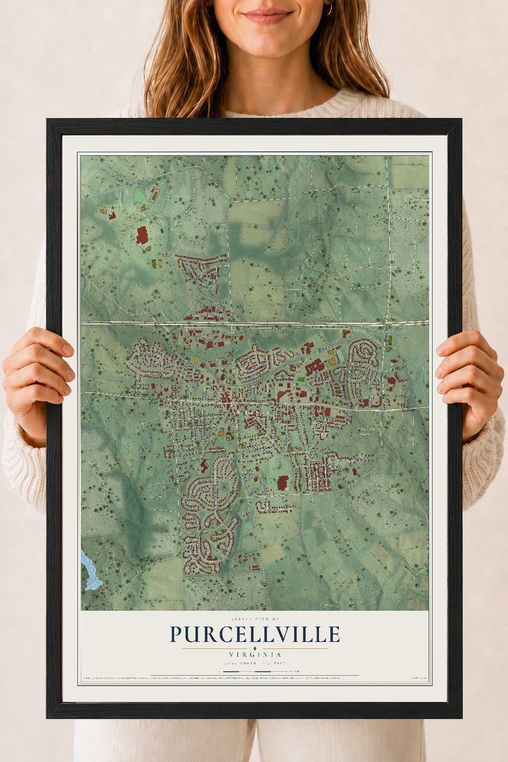 Map of Purcellville, Virginia, 18 x 24 inch print in a black wood frame