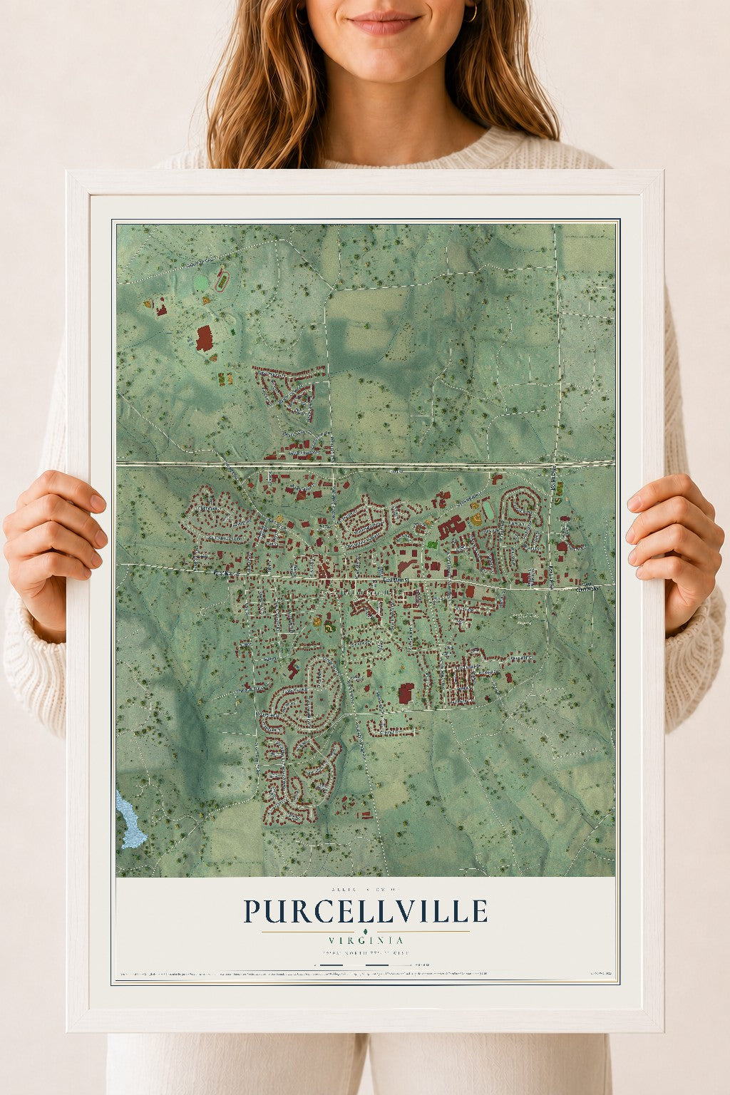 Map of Purcellville, Virginia, 18 x 24 inch print in a white wood frame
