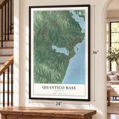Quantico Base, Virginia map, 24 x 36 inch print in a black frame by a staircase