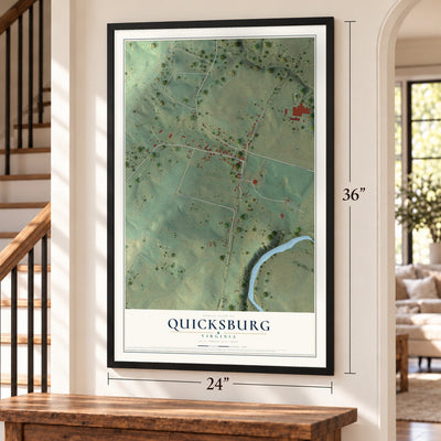 Quicksburg, Virginia map, 24 x 36 inch print in a black frame by a staircase