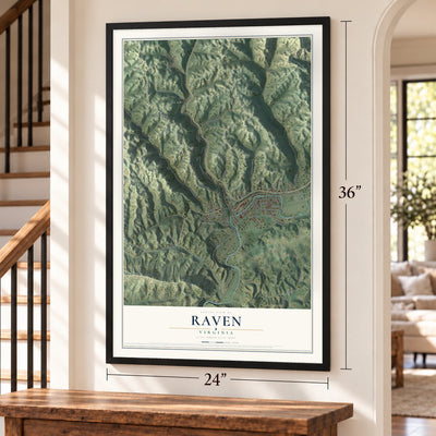 Raven, Virginia map, 24 x 36 inch print in a black frame by a staircase
