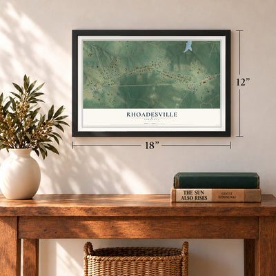 Rhoadesville, Virginia map, 12 x 18 inch print in a black frame in an entryway