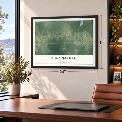 Rhoadesville, Virginia map, 18 x 24 inch print in a black frame in a home office