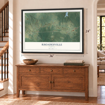 Rhoadesville, Virginia map, 24 x 36 inch print in a black frame above a dresser by a staircase