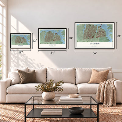 Riverview, Norfolk, Virginia map in 12 x 18, 18 x 24 and 24 x 36 inch sizes above a sofa
