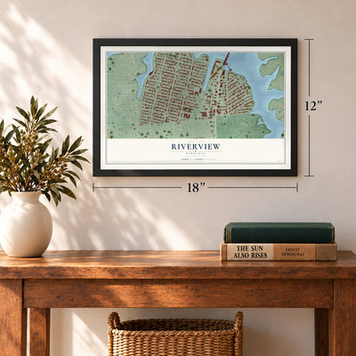 Riverview, Norfolk, Virginia map, 12 x 18 inch print in a black frame in an entryway