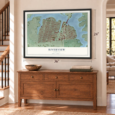 Riverview, Norfolk, Virginia map, 24 x 36 inch print in a black frame above a dresser by a staircase