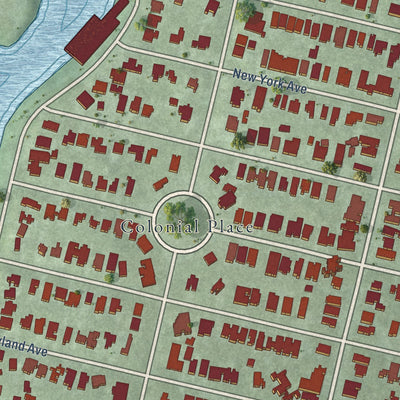 Close-up of the map of Riverview, Norfolk, Virginia print showing street and building detail