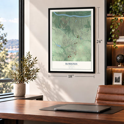 Robious, Virginia map, 18 x 24 inch print in a black frame in a home office