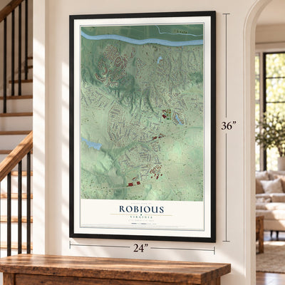 Robious, Virginia map, 24 x 36 inch print in a black frame by a staircase