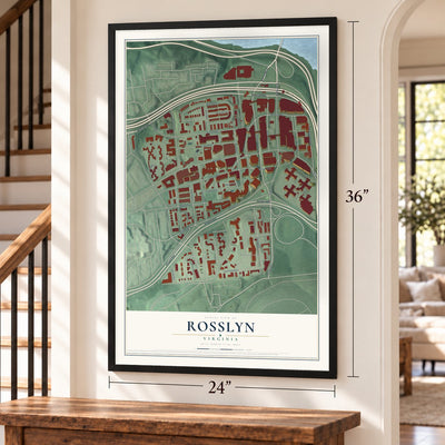 Rosslyn, Virginia map, 24 x 36 inch print in a black frame by a staircase