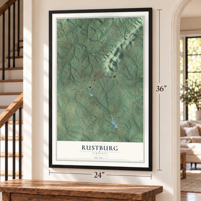Rustburg, Virginia map, 24 x 36 inch print in a black frame by a staircase