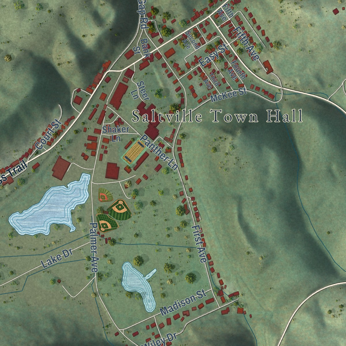Second close-up of the map of Saltville, Virginia print showing more streets and buildings