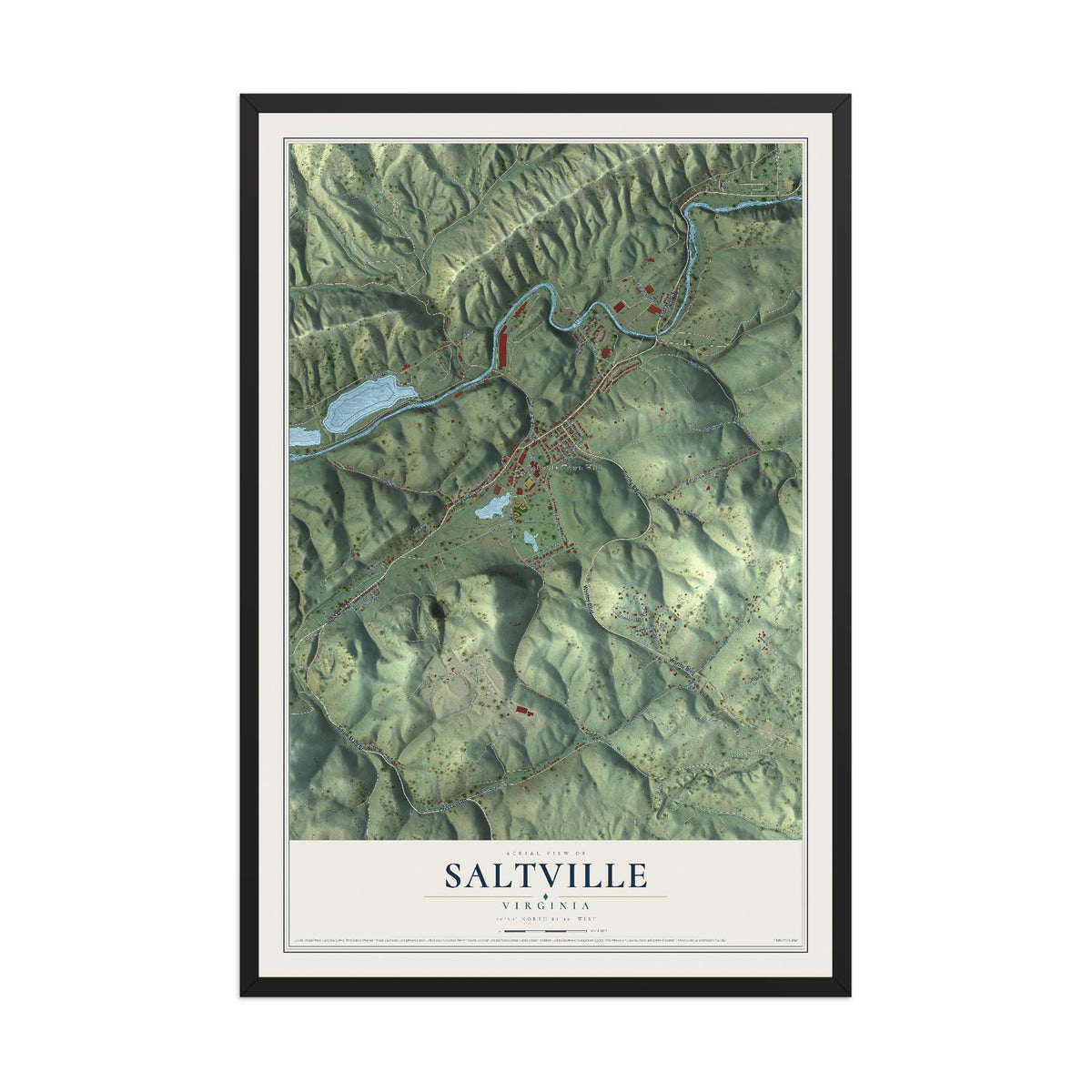 Map of Saltville, Virginia, 12 x 18 inch print in a black wood frame